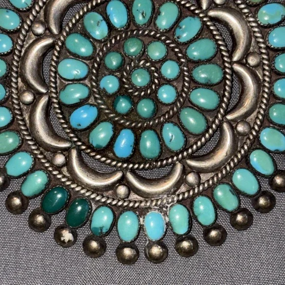 Native American Zuni Lee Mary Weebothee 3" Turquoise Sterling Silver Pin Brooch - Picture 3 of 6